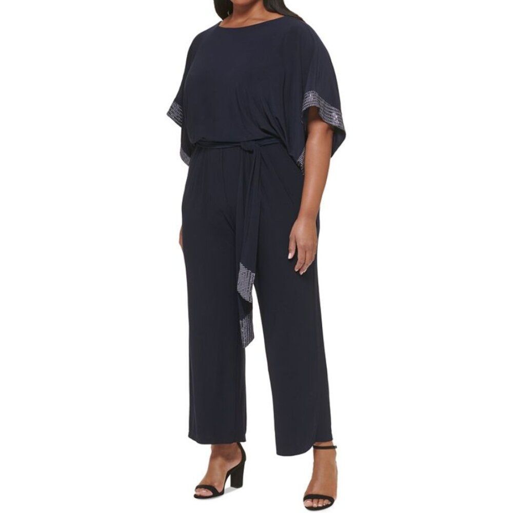 Jessica Howard Navy Metallic Sequin Trim Blouson Jumpsuit SZ 16W